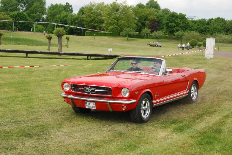 a red mustang sitting on a lush green field