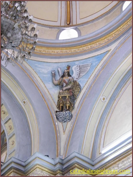 a painting inside a cathedral with angel figurines