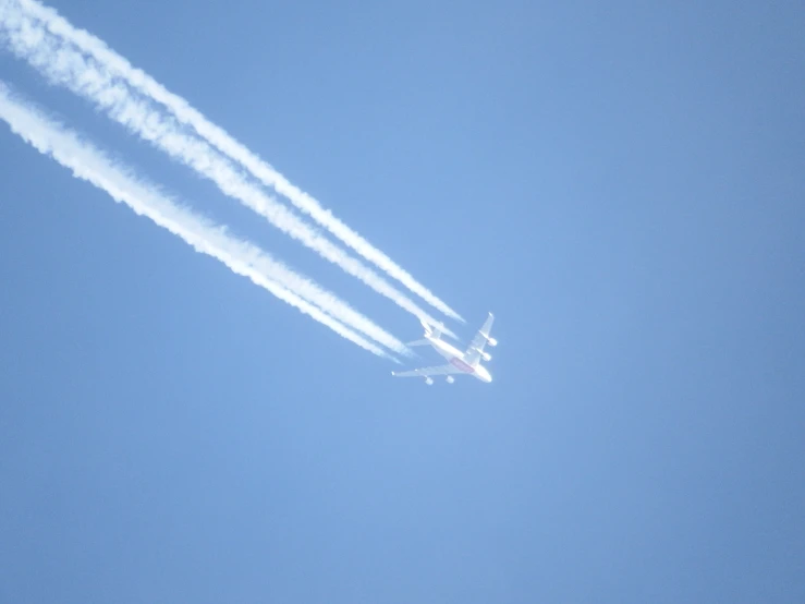 a white plane flies overhead in the blue sky