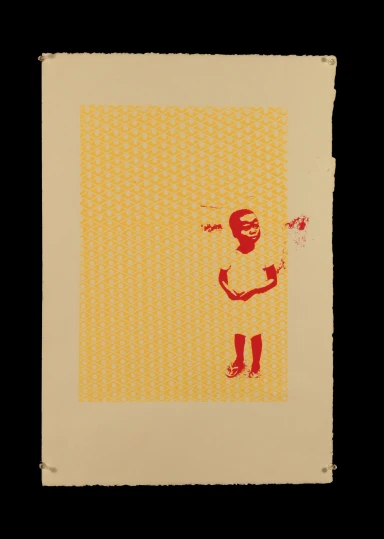 an orange and yellow print with a person holding a cigarette