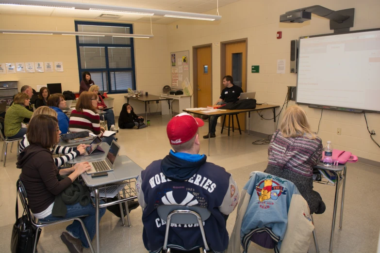 there is a class of students in a small room