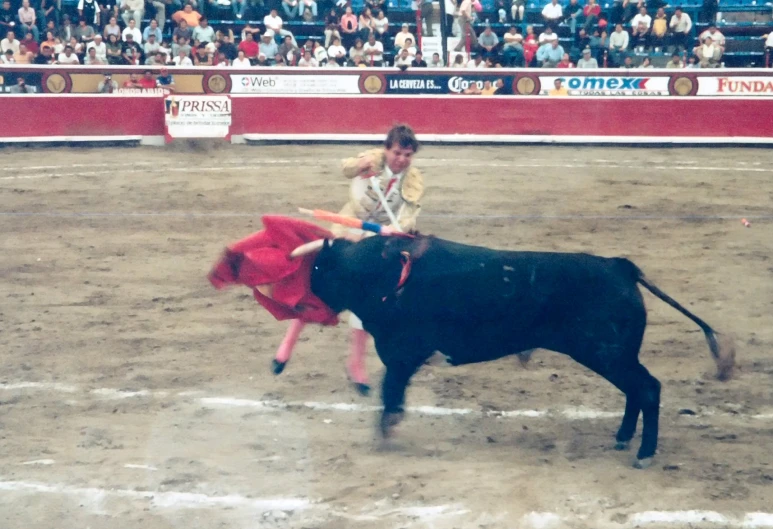 a man wrestles a bull inside a pin