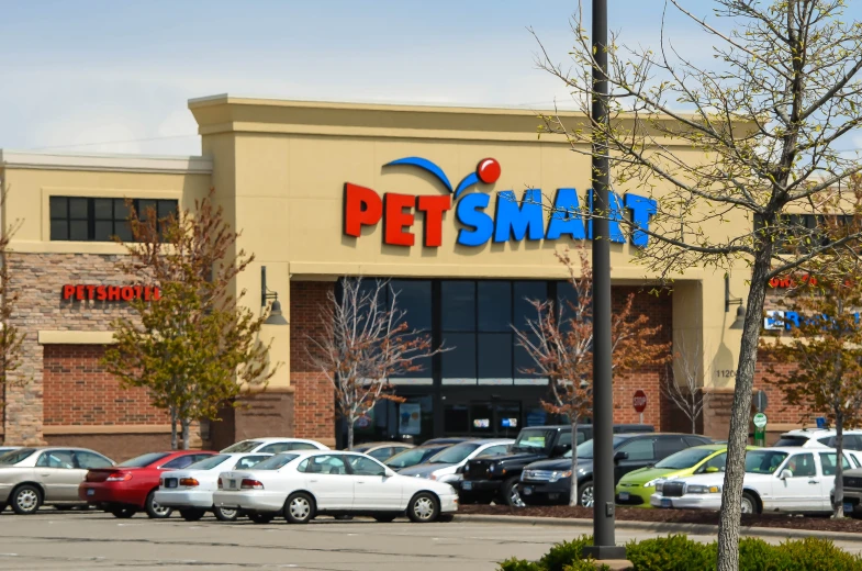 a pet shop with many cars in front of it