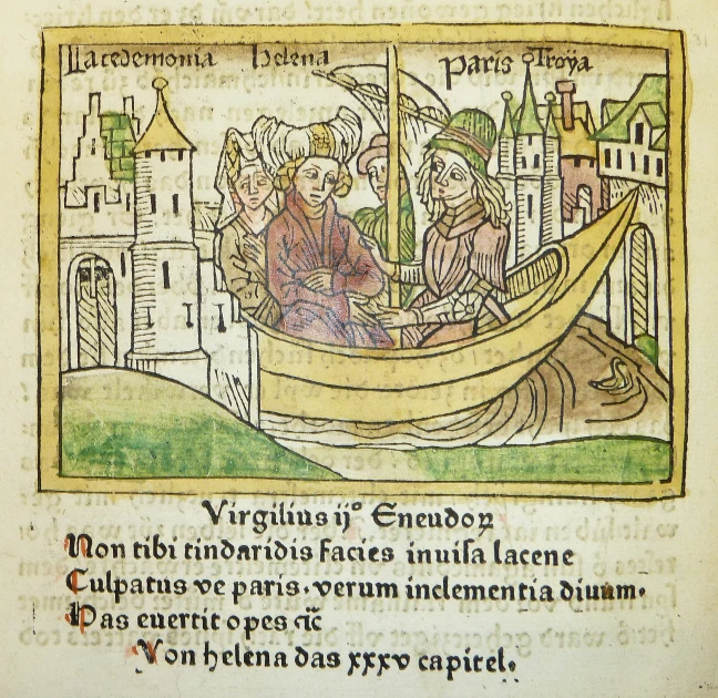 a page from a medieval book shows two men and a woman