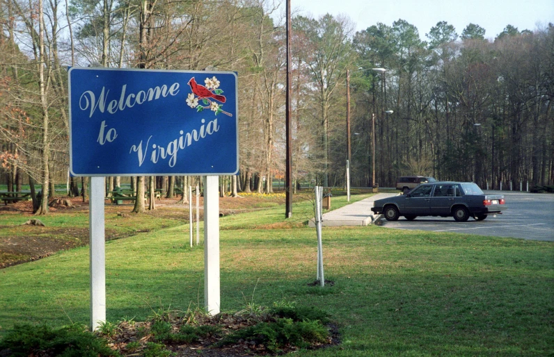 a blue sign sits on the side of the road near trees