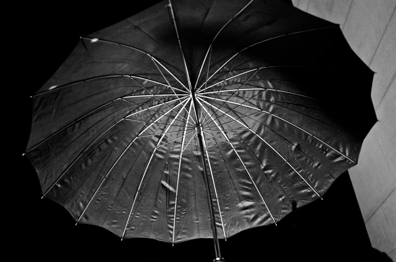 black and white image of an umbrella in a darkened area