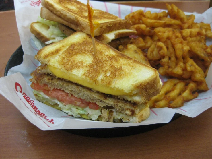 a grilled sandwich and some fries sit in a basket