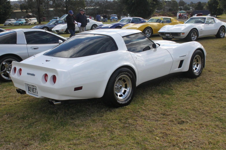 three white sports cars sit parked in the grass