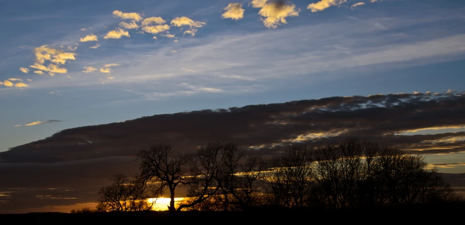 the sunset with silhouette of some trees and clouds