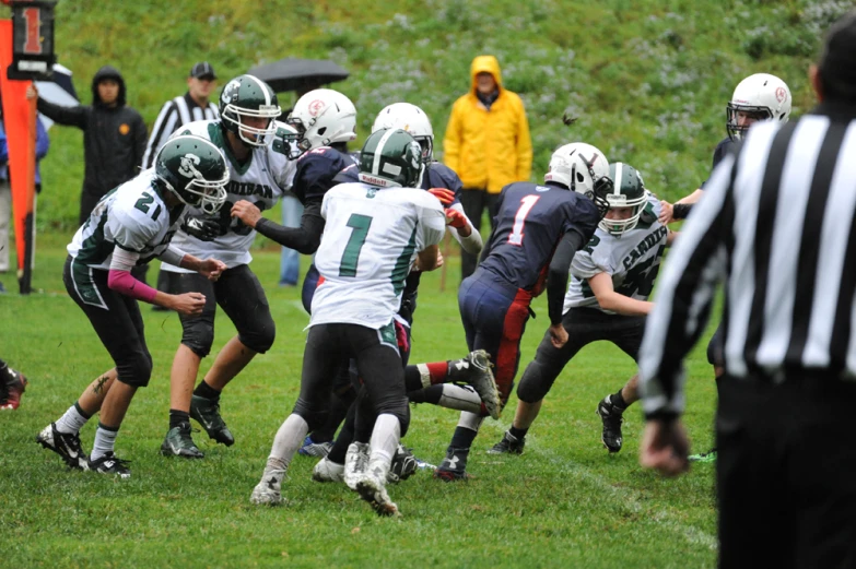 a football game between two teams with the referee watching