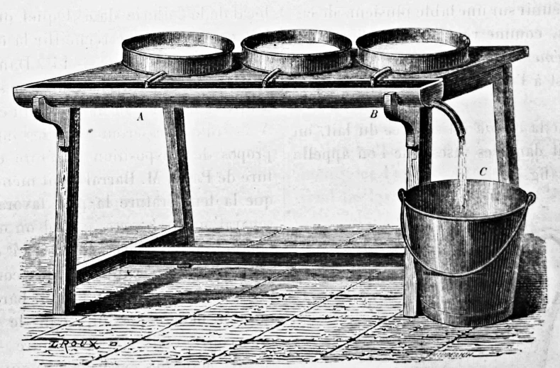 an old drawing of pots and pans on a table