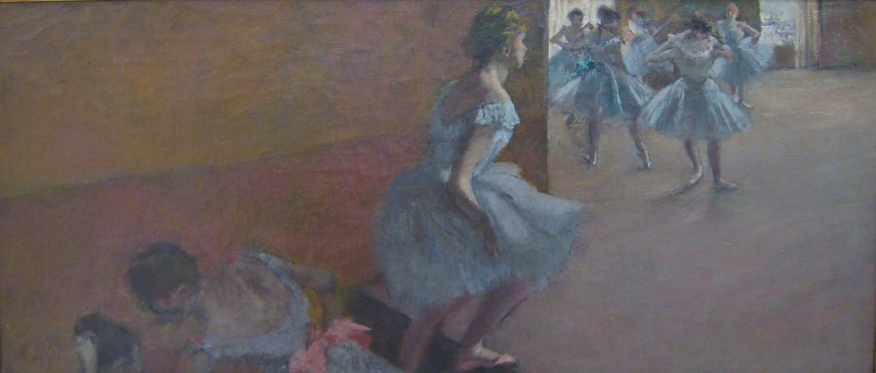 the painting depicts dancers dressed in blue