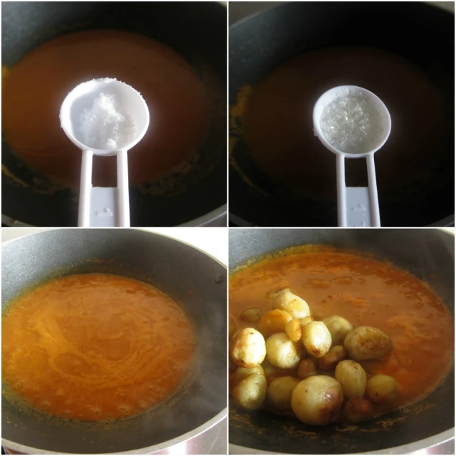 different views of potatoes being cooked in a pan