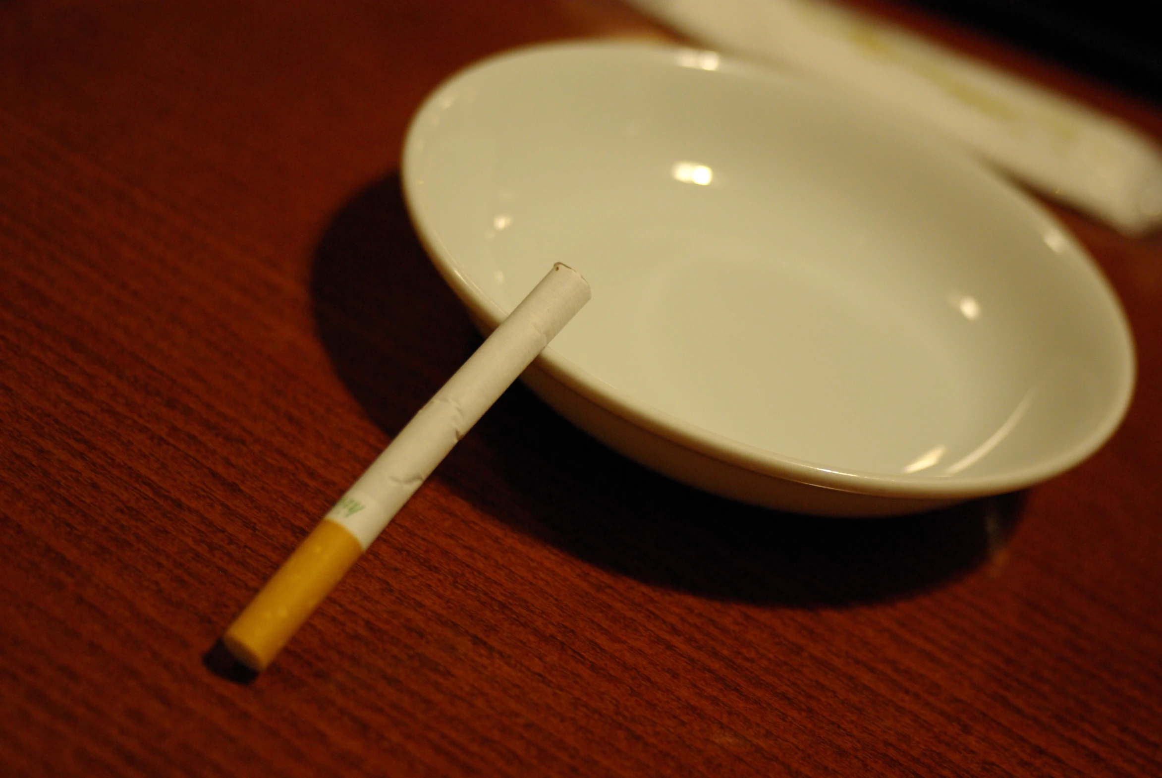 a white plate with a cigarette in it