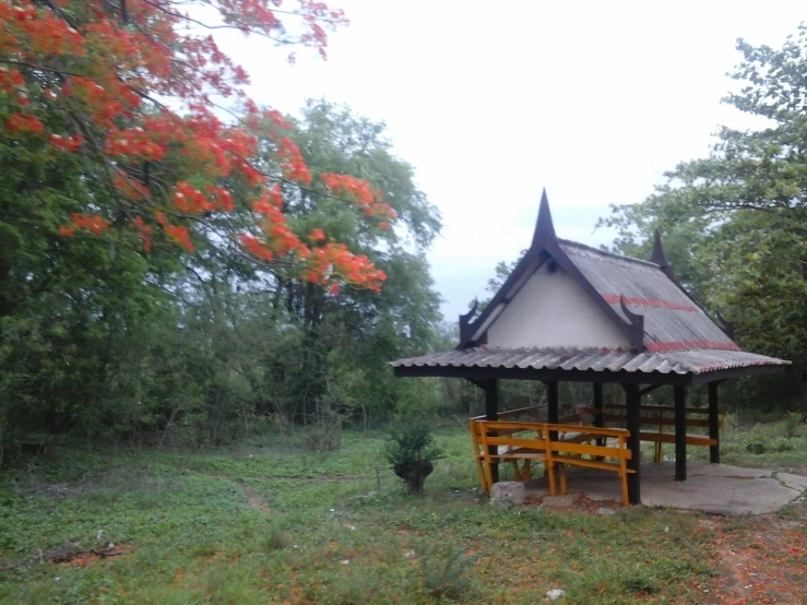 the small gazebo is surrounded by flowers in the field