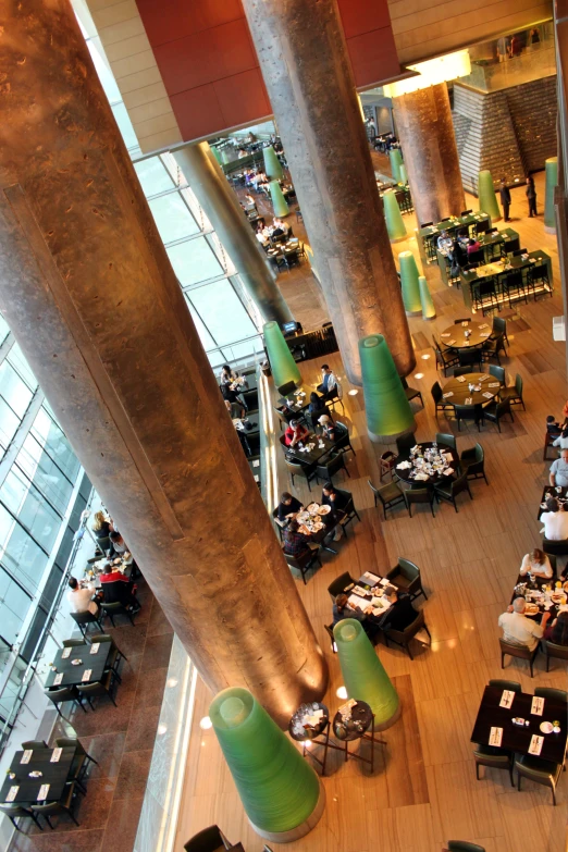 a view looking down on the inside of a restaurant