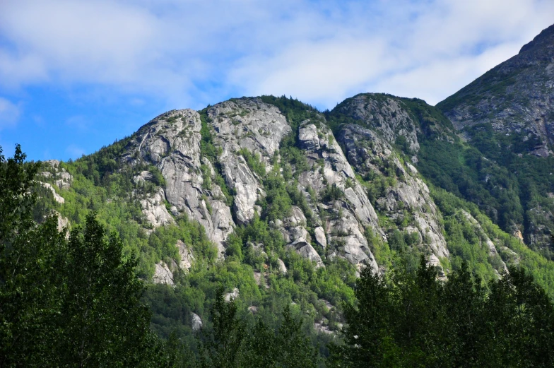 a view of a mountain side with trees around it