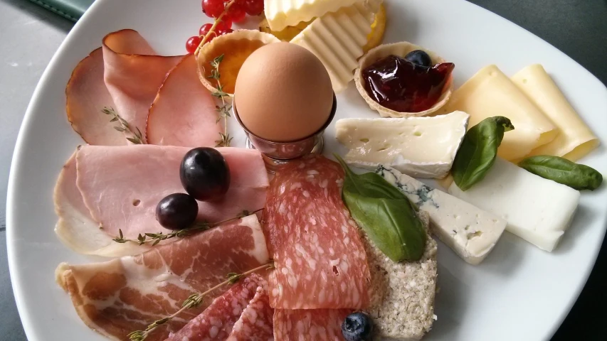 an assortment of meats and cheeses displayed on a plate