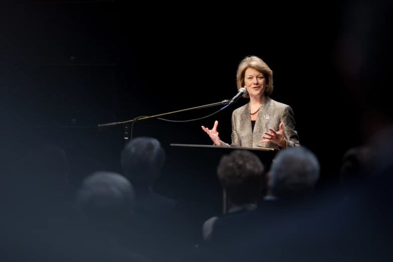 a lady that is standing in front of a microphone