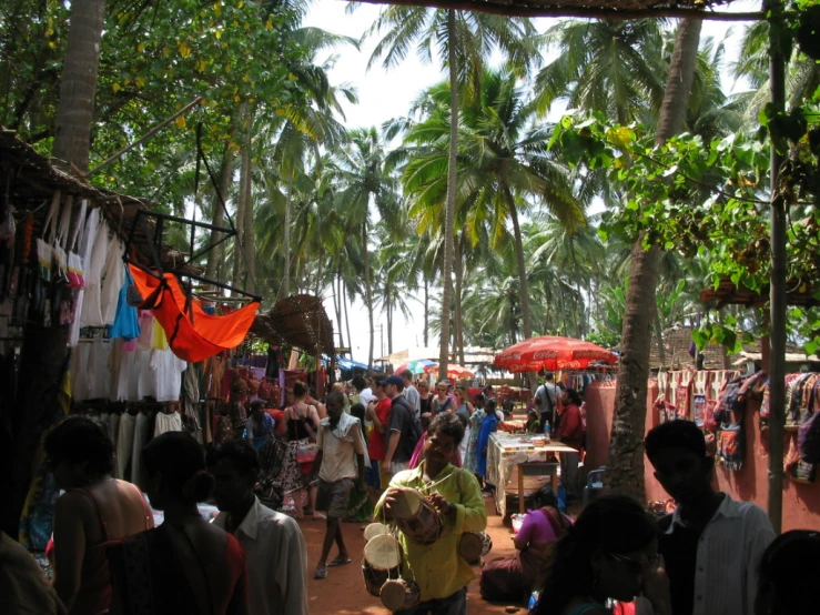 a group of people stand outside in front of some trees and umbrellas