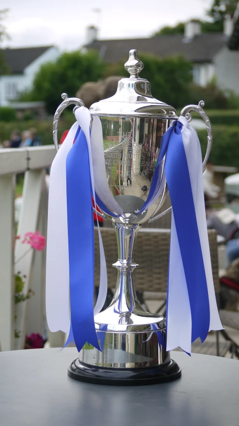 the silver trophy is decorated with blue and white ribbon