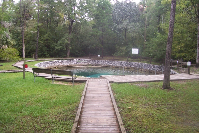 an empty park with a pond surrounded by lush green grass