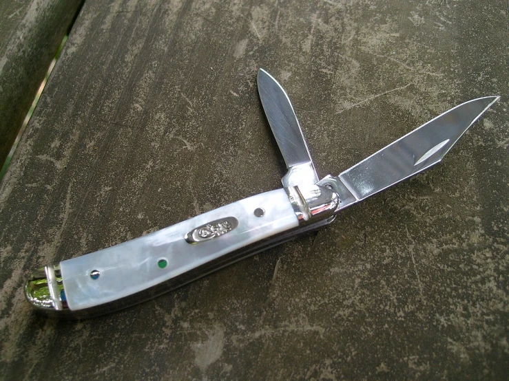 a knife with the blades removed from it sitting on the ground