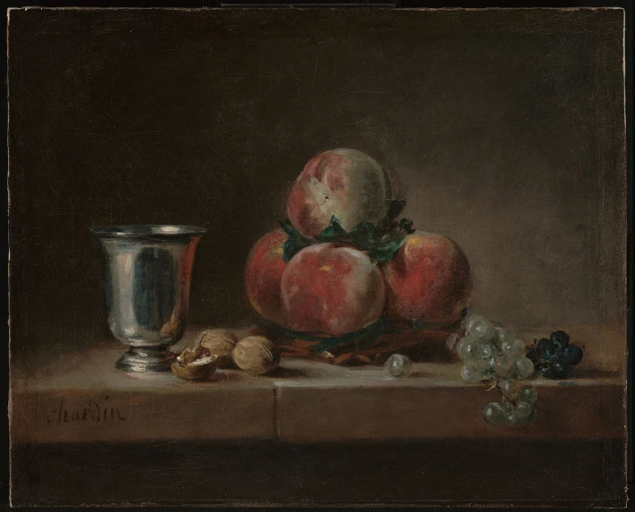 a painting of apples on a table with gs and a cup