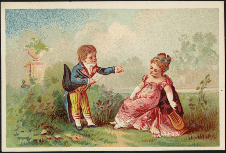 a drawing of a little boy showing another girl soing