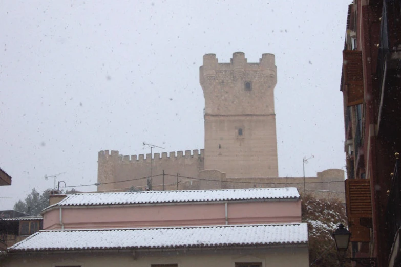 the view of some buildings through a window