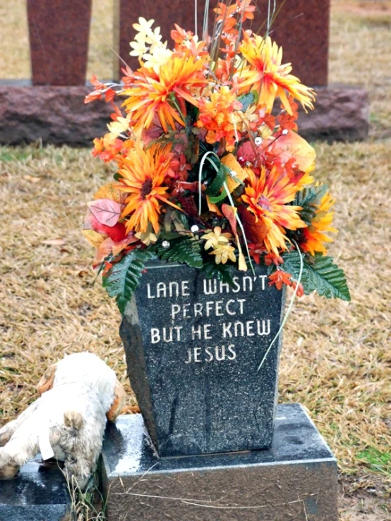 a grave marker and a flower pot with a dog laying on top