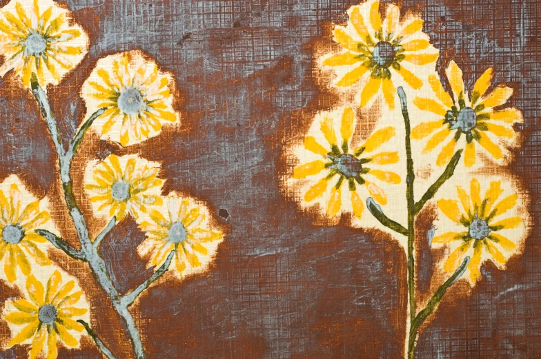 a painting of some yellow flowers painted on brown paper