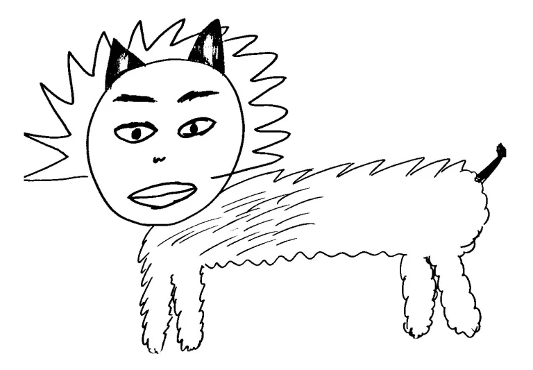 a drawing of a person with a goat in it's hair