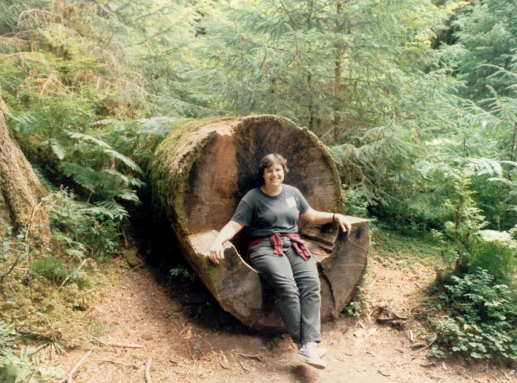a woman sitting on top of a giant tree stump