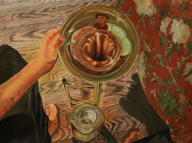 a painting of a bowl and a person sitting down