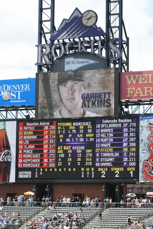 a stadium with score boards, advertits and people