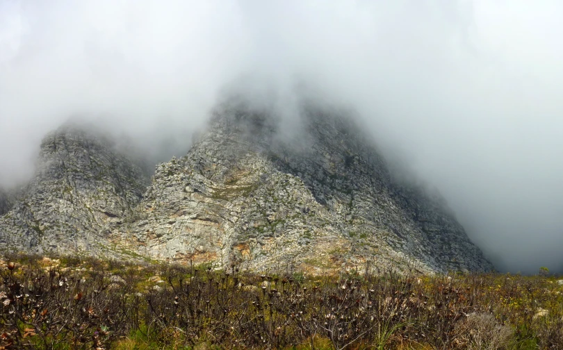 a foggy mountain sits high in the clouds