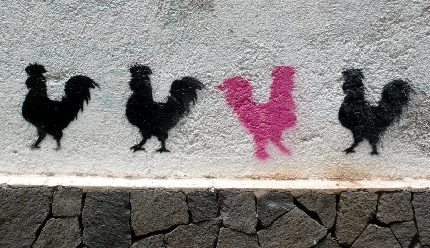 the shadows of chickens and roosters on a wall