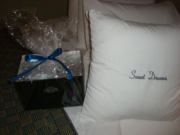 the pillow has a gift in front of it