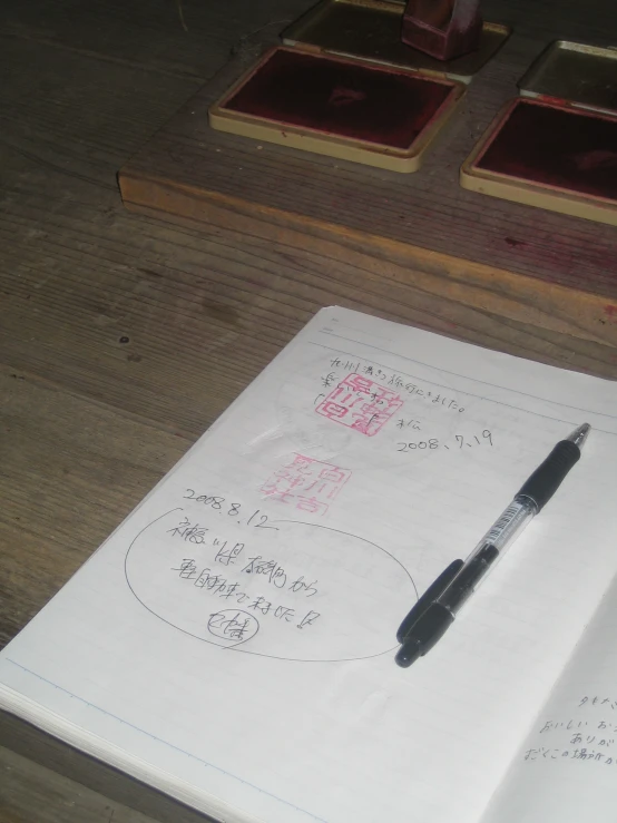 an open notebook is on a wooden table