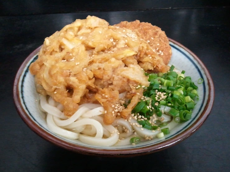 a bowl with noodles, meat and onion in sauce