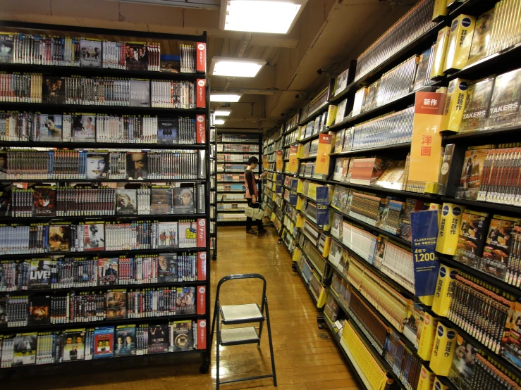 a view down the aisle of a video store in an aisle