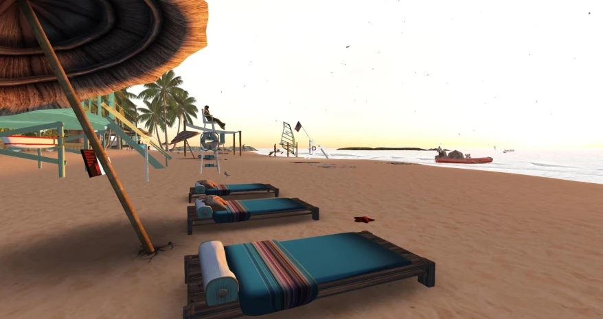 three lawn chairs and sun beds sitting on a beach