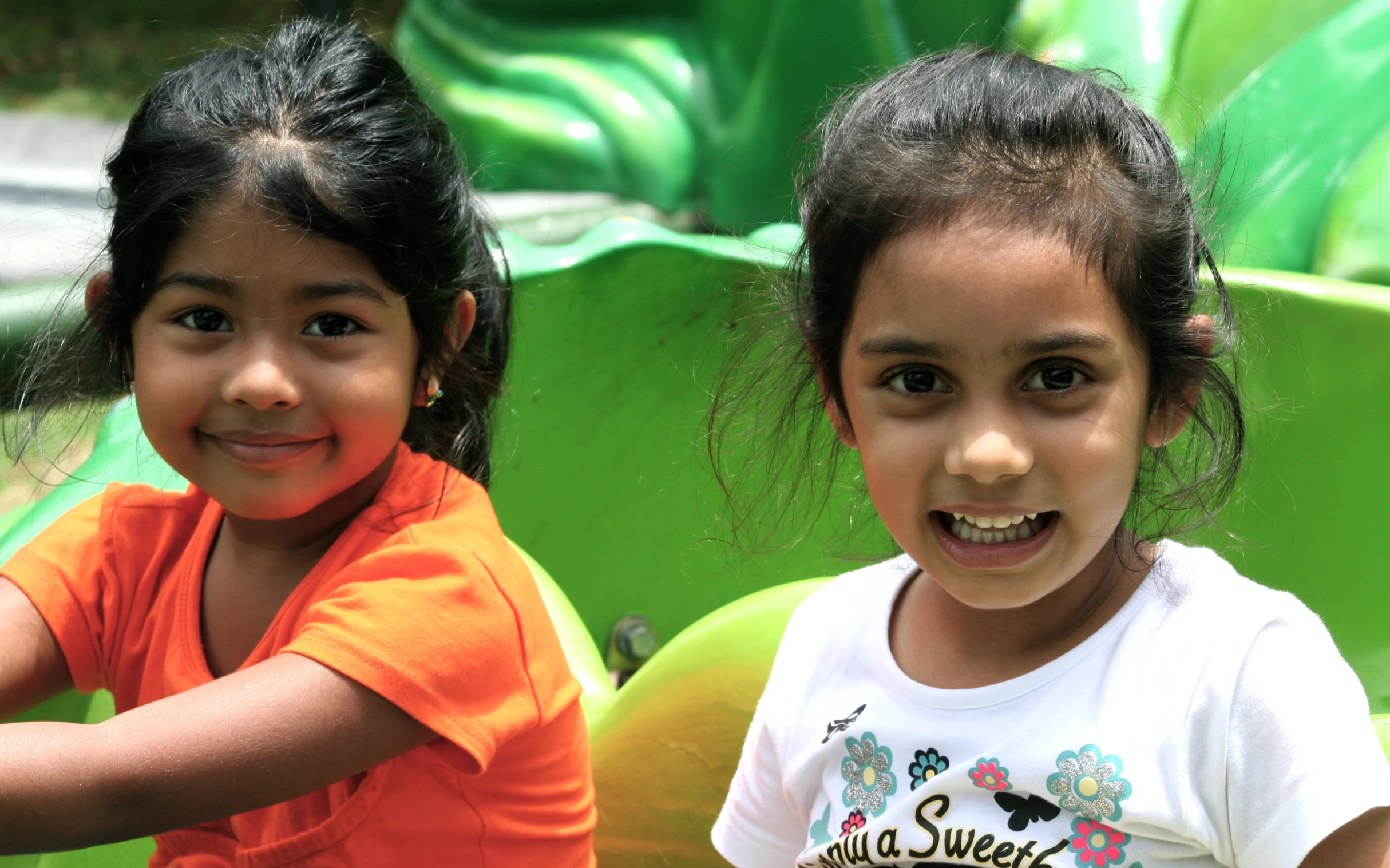 two s are sitting on a green playground slide