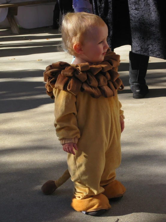 a young child in a lion costume walking on the street