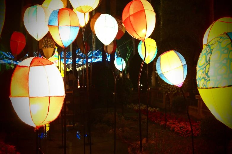 lighted paper lanterns displayed in park at night