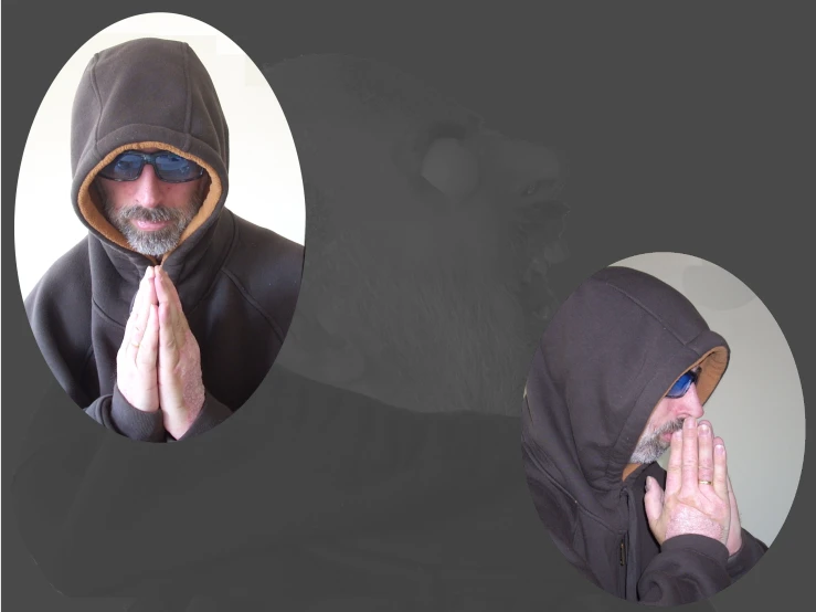a man with a hood covering his face and a cross - legged figure wearing sunglasses