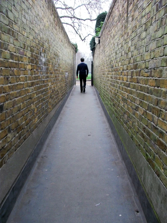 a person walking on a sidewalk between two bricks