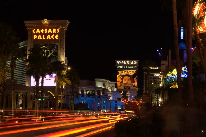 a street with buildings and lots of lights