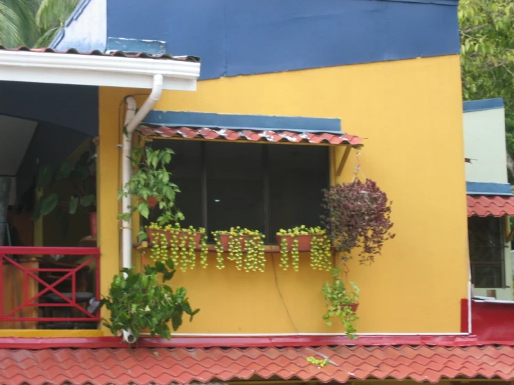 an orange building with some green plants on it